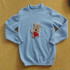 Light Blue Kids Stitchy Fish Knit Sweater with Heart Puppy Motif Size 8